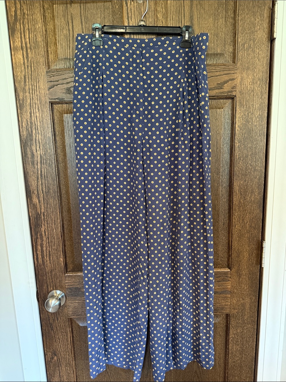 Anthropologie Feather Bone Solstice Navy Wide Leg Trousers Polka Dots 12